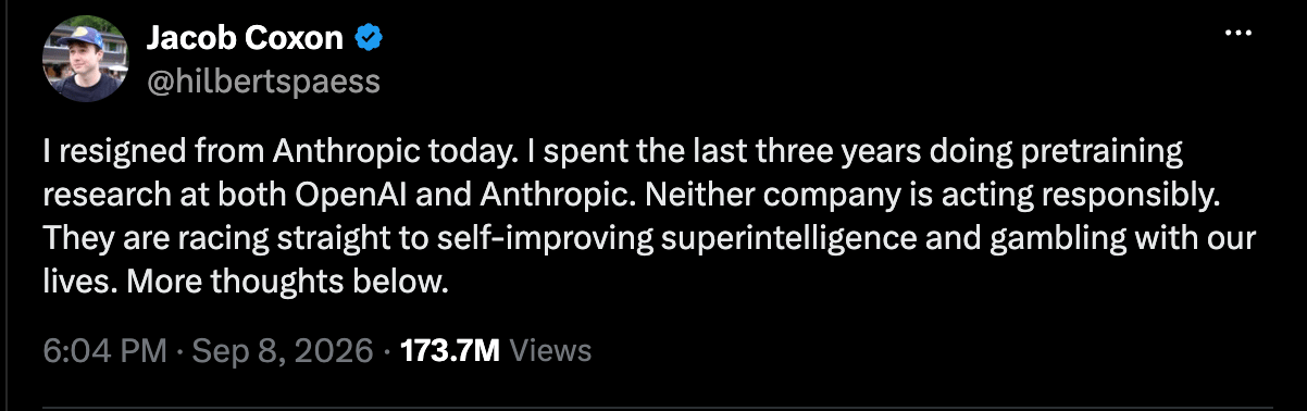 Jacob Coxon's resignation post on X, September 8, 2026 (@hilbertspaess)