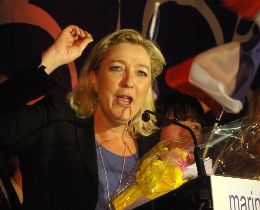 Marine Le Pen at the Parlement des Invisibles in Hénin-Beaumont, 15 April 2012 (from Wikipedia; photo by Jérémy-Günther-Heinz Jähnick)
