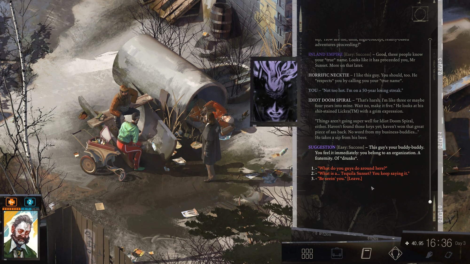 A screenshot of Disco Elysium, showing the dialogue panel open