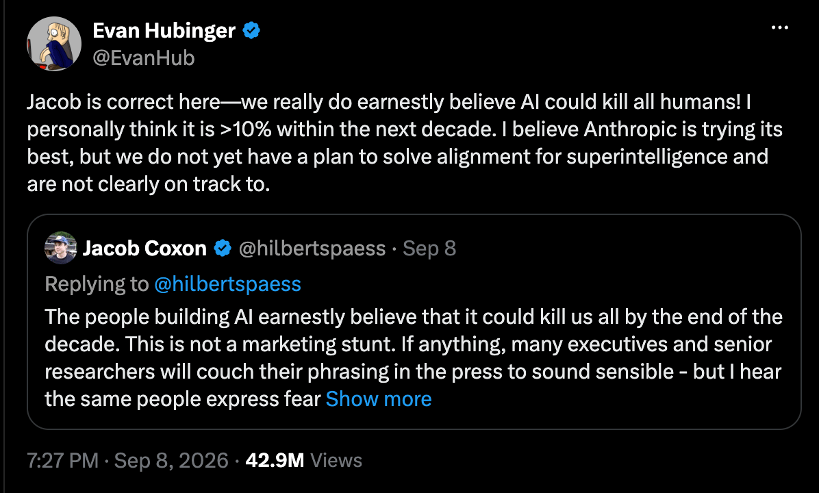 Evan Hubinger's quote-post responding to Coxon on X, September 8, 2026 (@EvanHub)