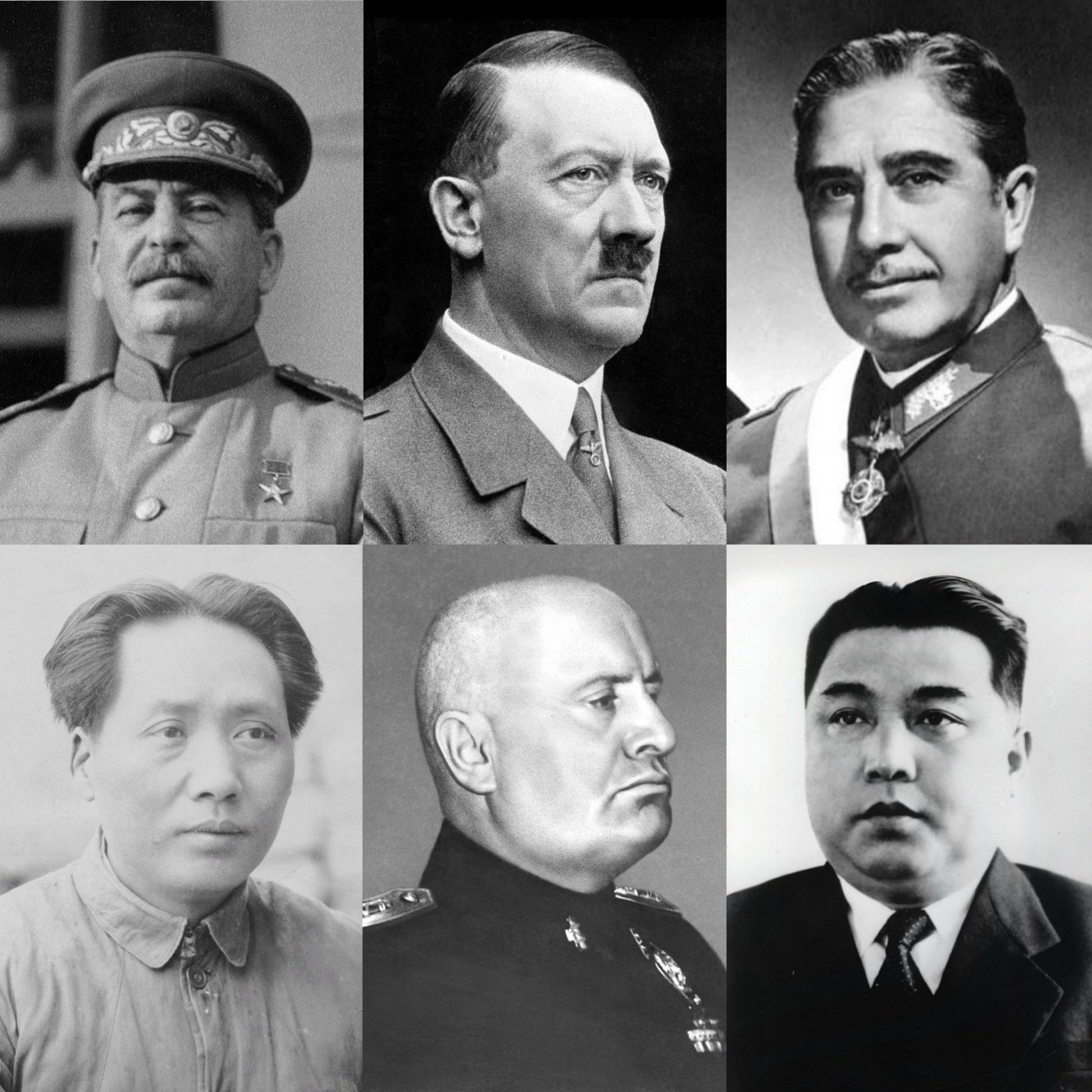 20th-century political abusers: Joseph Stalin of the Soviet Union; Adolf Hitler of Germany; Augusto Pinochet of Chile; Mao Zedong of China; Benito Mussolini of Italy; and Kim Il Sung of North Korea (from Wikipedia)