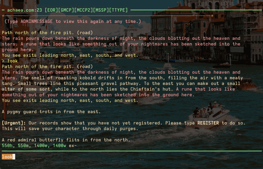 Achaea being played in the blightmud terminal client