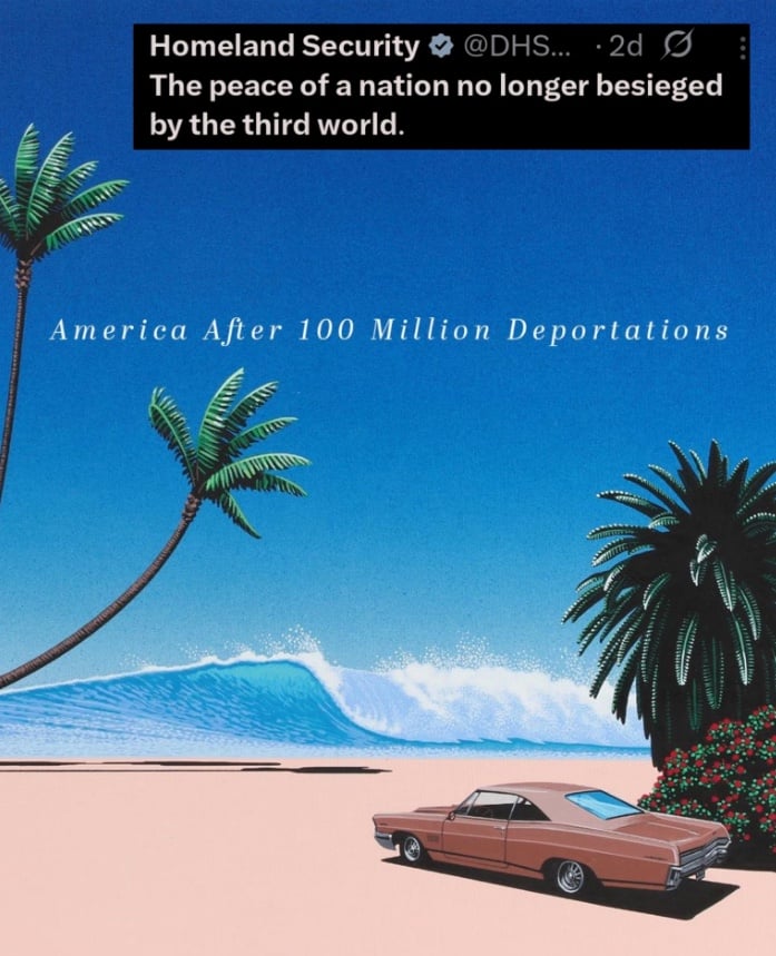 A post on X from Trump’s Department of Homeland Security. The DHS stole this artwork from Hiroshi Nagai, a Japanese illustrator, who has strongly protested this illegal use of his work.