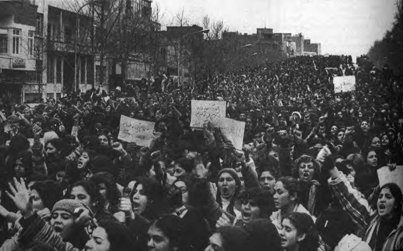 1979 International Women’s Day protests in Tehran against mandatory veiling. Many women had worn the veil during the revolution, but had not expected mandatory veiling and did not support it. (from Wikipedia; photo by Mohammad Sayyad)